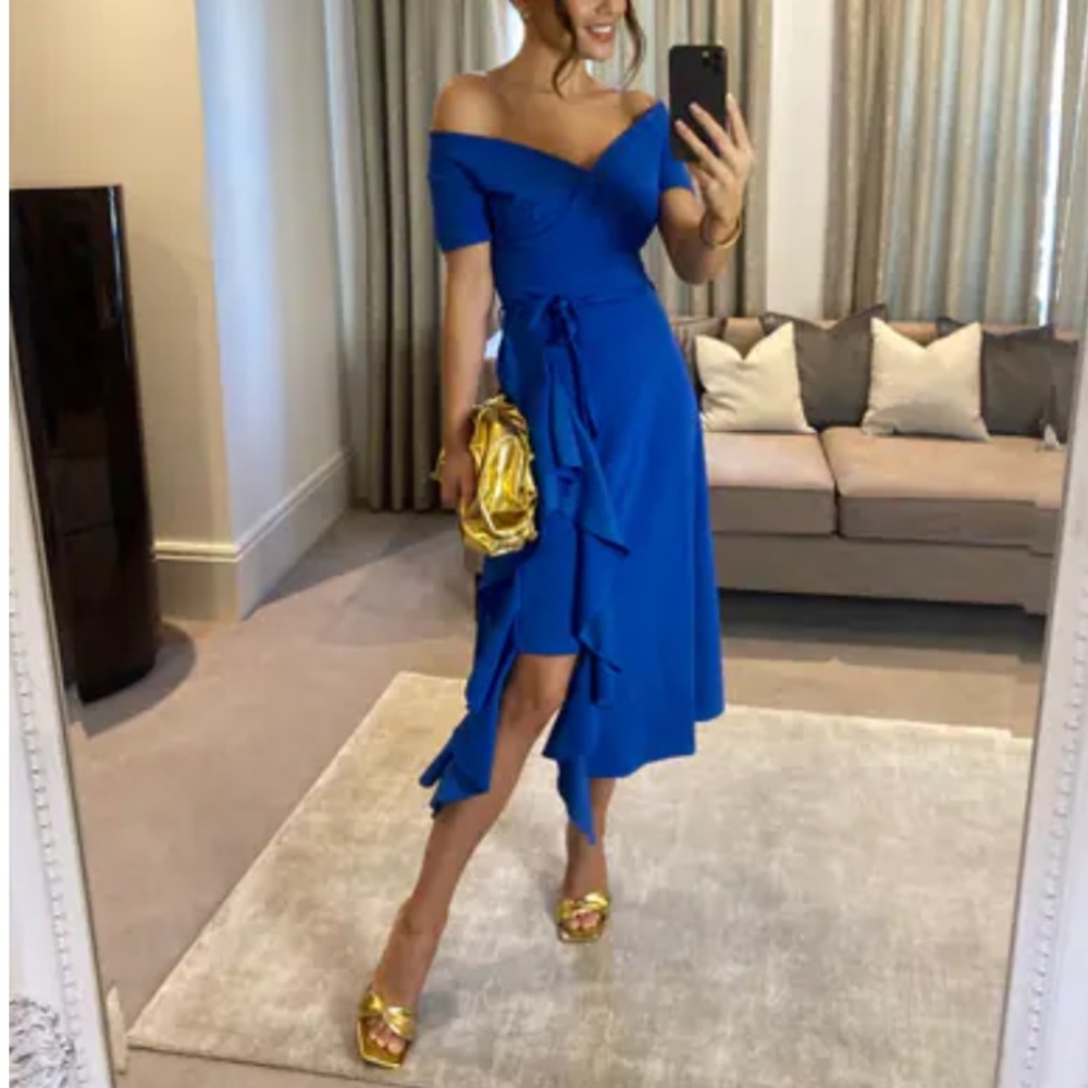 NWT Silkfred Frill Midi Dress Royal Blue size UK 12 (US size 8)